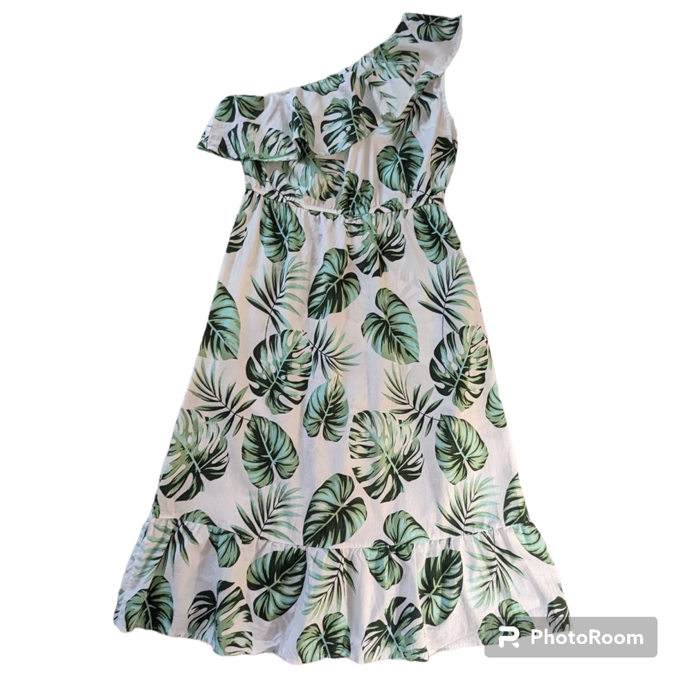 Cupshe Dress Womens Sz XL Green Leaves & Fronds Ruffles One Shoulder 100% Cotton - Picture 2 of 12